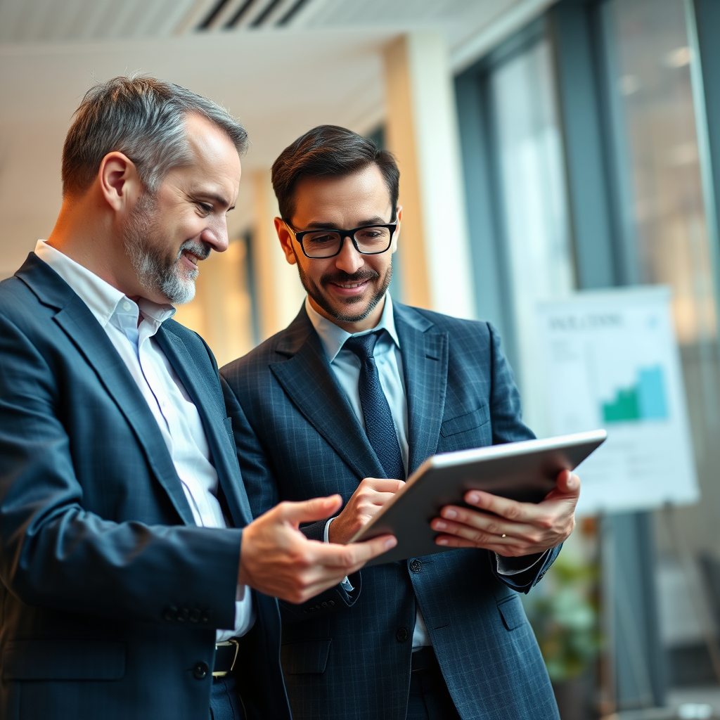 Crie uma imagem fotorrealista de dois profissionais discutindo soluções de software de IA enquanto analisam dados em um tablet em um escritório moderno. A cena deve ser bem iluminada, profissional e transmitir confiança e expertise. Paleta de cores: azuis, cinzas e brancos com sutis toques de verde. O ângulo deve ser ligeiramente elevado para capturar tanto os indivíduos quanto os dados exibidos no tablet.