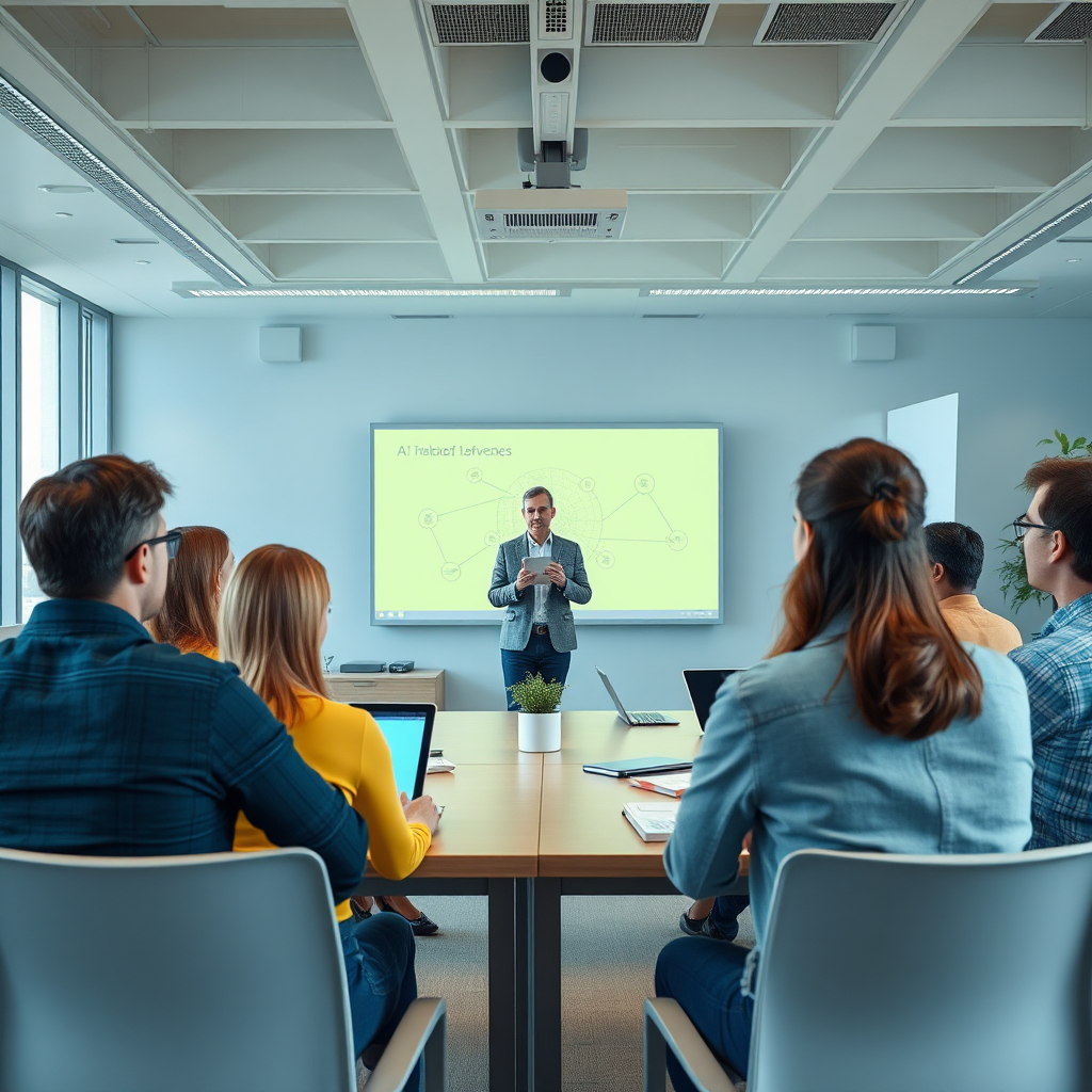 Crie uma imagem fotorrealista de um instrutor conduzindo um workshop sobre software de IA para um grupo de funcionários em uma sala de aula moderna. A cena deve ser interativa, envolvente e transmitir uma sensação de aprendizado e colaboração. Paleta de cores: amarelos quentes, azuis vibrantes e verdes naturais. O ângulo deve ser ligeiramente elevado para capturar todo o grupo e a apresentação do instrutor.