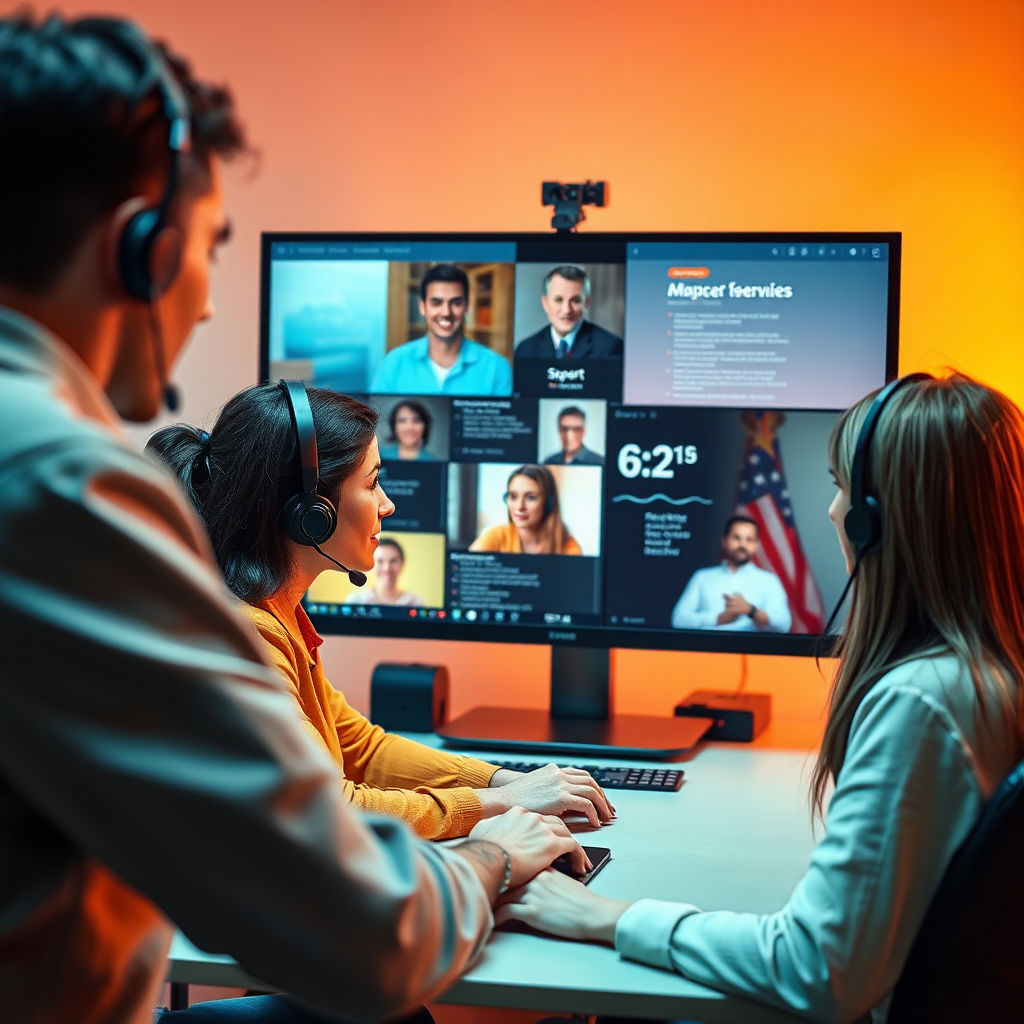 Crie uma imagem fotorrealista de uma equipe de suporte prestando assistência técnica a um cliente por meio de uma videoconferência. A paleta de cores deve ser quente e acolhedora, com predominância de tons de laranja, amarelo e verde. A iluminação deve ser suave e convidativa, destacando a interação entre a equipe e o cliente. O ângulo da câmera deve ser um plano médio, capturando toda a cena. As texturas devem ser suaves e profissionais, transmitindo uma sensação de competência. Referência de estilo: Fotografia corporativa moderna.