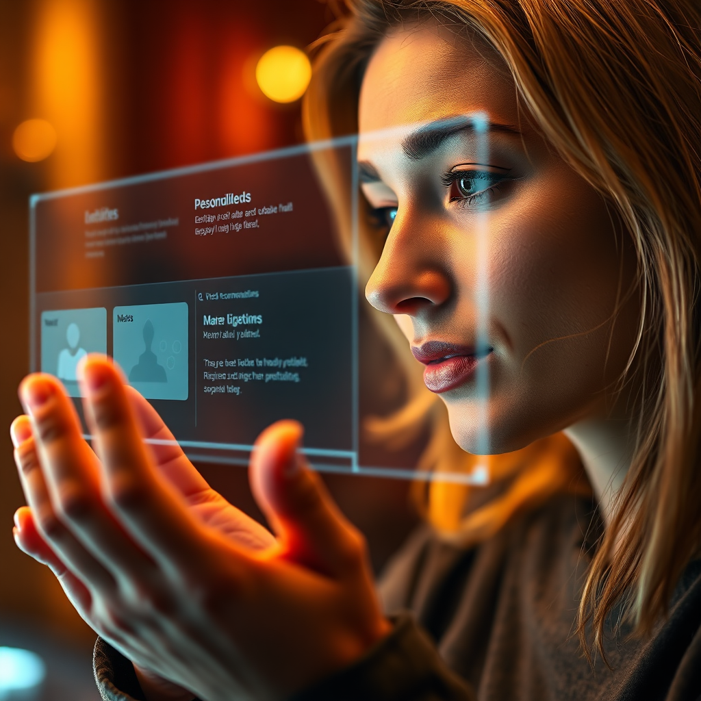 Crie uma imagem fotorrealista de uma pessoa interagindo com uma interface holográfica que exibe recomendações personalizadas. A paleta de cores deve ser quente e convidativa, com tons de laranja, amarelo e vermelho. A iluminação deve ser suave e favorecedora, destacando o rosto da pessoa. O ângulo da câmera deve ser um close-up, focando na interação entre a pessoa e a interface. As texturas devem ser suaves e táteis, criando uma sensação de realismo. Referência de estilo: Design UX moderno.