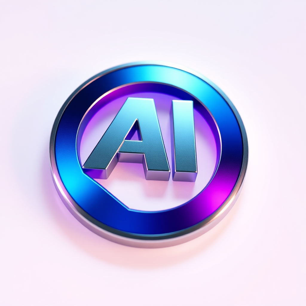 Crie uma imagem estilizada de um logotipo futurista representando um software de IA. O logotipo deve ser abstrato e moderno, com uma paleta de cores em tons de azul, roxo e prata. A iluminação deve ser suave e brilhante, criando uma sensação de inovação e tecnologia. O ângulo da câmera deve ser um close-up, focando nos detalhes do logotipo. A textura deve ser lisa e metálica, com animações sutis. Referência de estilo: Design de logotipo moderno.