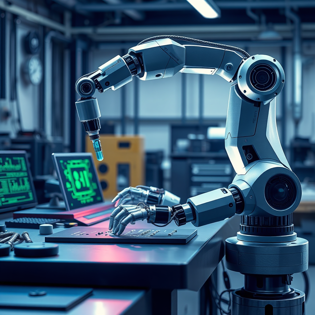 Crie uma imagem estilizada de um braço robótico desenvolvendo um programa de software de IA personalizado em uma bancada futurista. A paleta de cores deve ser técnica e precisa, com predominância de azuis, cinzas e verdes. A iluminação deve ser brilhante e focada, destacando os detalhes do braço robótico e do programa. O ângulo da câmera deve ser um close-up, focando no processo de desenvolvimento. As texturas devem ser metálicas e precisas, criando uma sensação de artesanato. Referência de estilo: Design industrial moderno.