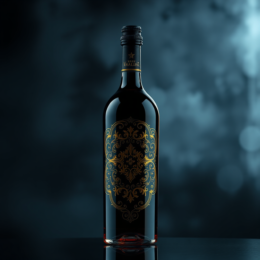 Crie uma imagem estilizada de um rótulo de garrafa de vinho com designs complexos e detalhes dourados. Concentre-se em transmitir luxo e exclusividade. O fundo é escuro e desfocado, criando uma sensação de mistério. Referências de estilo: Design de embalagem de luxo, estética Art Déco. Especificações técnicas: Resolução 4K, renderização de alta qualidade com atenção aos detalhes na textura do rótulo.