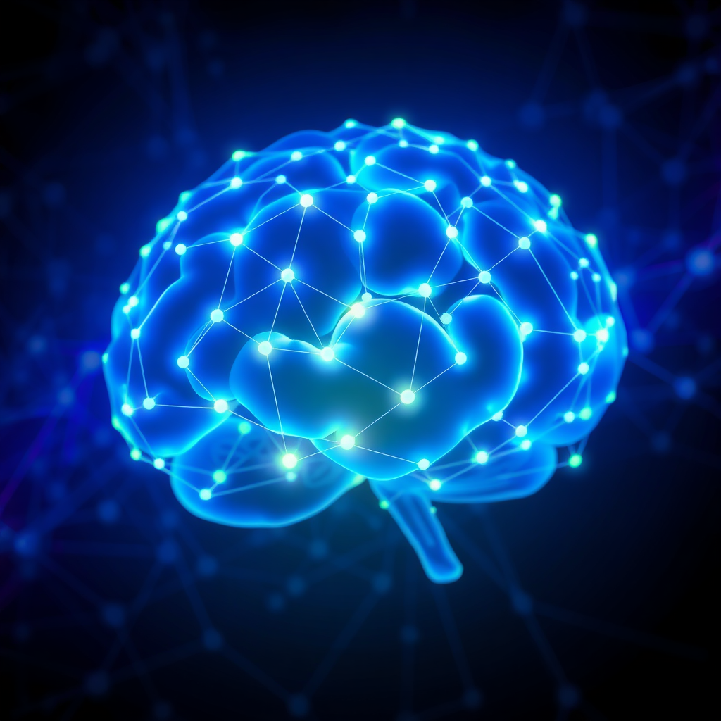 Crie uma imagem estilizada representando a análise preditiva. A cena deve retratar uma rede de nós interconectados formando uma estrutura brilhante semelhante a um cérebro. A paleta de cores deve ser composta por tons profundos de azul e roxo, com toques de verde e amarelo vibrantes. A iluminação deve ser suave e etérea, criando uma sensação de mistério e perspicácia. O ângulo da câmera deve ser amplo, capturando toda a estrutura da rede. A textura deve ser suave e brilhante, com animações sutis. Referência de estilo: Visualização de dados futurista.