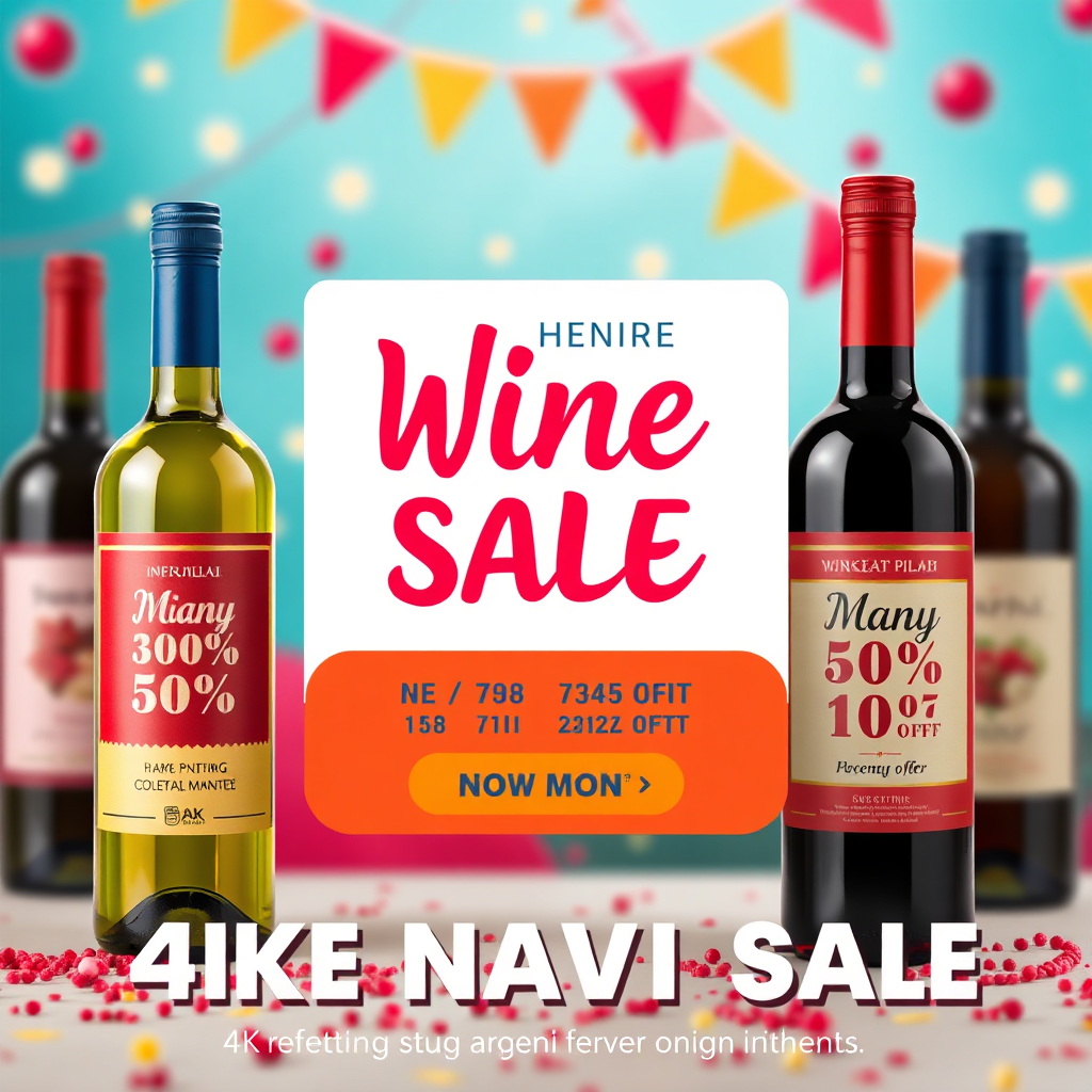 Crie um design gráfico visualmente atraente exibindo garrafas de vinho com rótulos de desconto e anúncios de ofertas especiais. Use cores vibrantes e fontes chamativas. O fundo é festivo e comemorativo. Referências de estilo: Design de marketing e publicidade, banners promocionais. Especificações técnicas: Resolução 4K, foco sem impacto visual e claro.