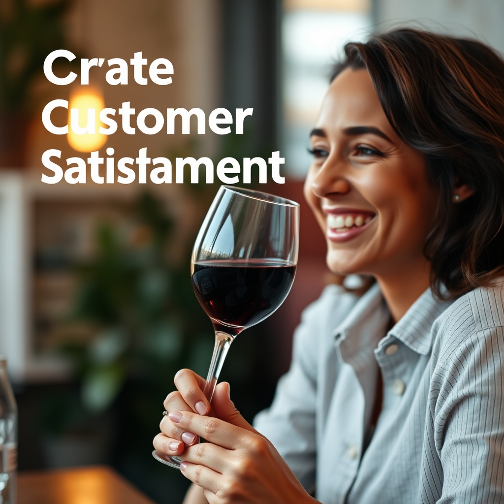 Crie uma imagem que simbolize a satisfação do cliente, com uma pessoa sorridente segurando uma taça de vinho em um ambiente aconchegante. O fundo é suave e desfocado. Referências de estilo: Fotografia de estilo de vida, imagens de clientes satisfeitos. Especificações técnicas: Resolução 4K, foco em emoções positivas e expressões faciais.