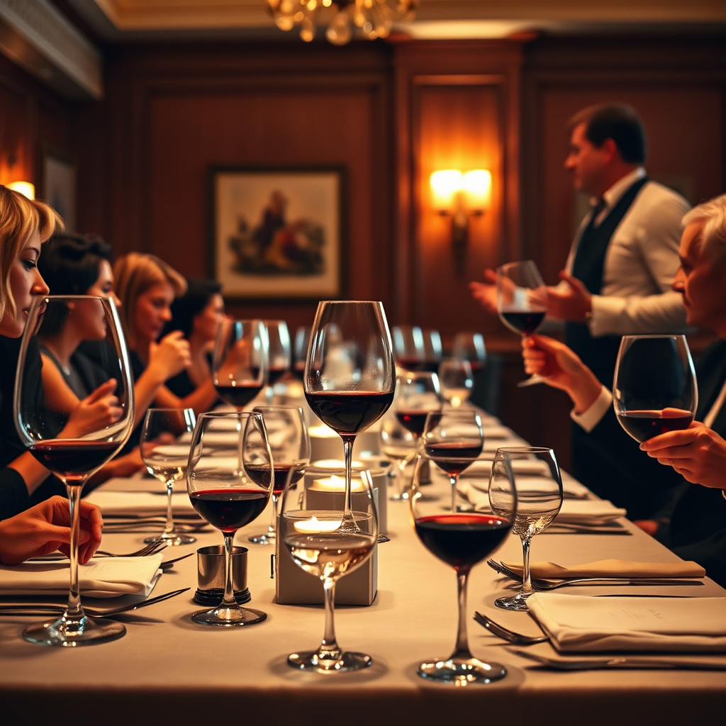 Imagine uma mesa de jantar sofisticada posta para um jantar de harmonização de vinhos. Cada mesa tem várias taças de vinho com diferentes vinhos. Um sommelier explica as harmonizações aos convidados. A iluminação é aconchegante e convidativa. O estilo é elegante e sofisticado, refletindo a expertise e a atenção aos detalhes envolvidos na harmonização de vinhos.