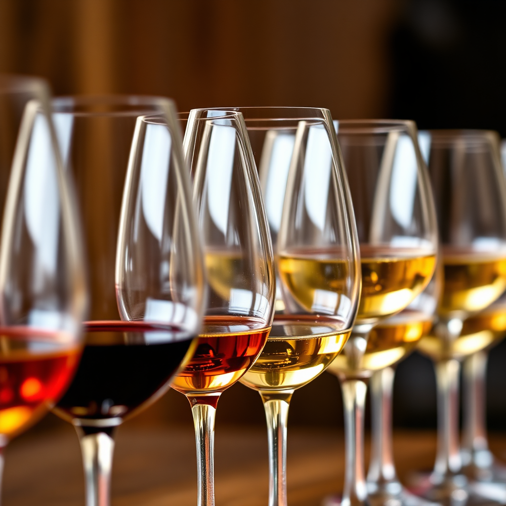 Imagine uma sessão de degustação de vinhos, com várias taças enfileiradas, com vinhos diferentes. Concentre-se nas suas variações de cor e na interação entre o vinho e a taça. Use iluminação natural e difusa para destacar as nuances. O fundo é intencionalmente desfocado para manter o foco nas amostras de vinho. Referências de estilo: Fotografia de alimentos e bebidas, estilo editorial. Especificações técnicas: Resolução 4K, foco na precisão e claro dos núcleos.
