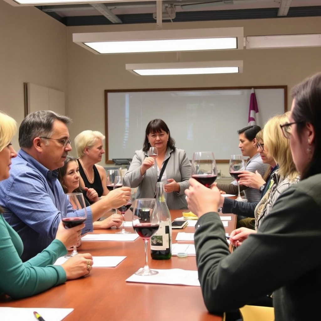 Imagem de uma aula envolvente sobre vinhos. Os participantes degustam e discutem ativamente sobre vinhos, sob a orientação de um instrutor experiente. O ambiente é uma sala de aula iluminada e convidativa. Cores: Atmosfera acolhedora e educativa. Estilo: Treinamento sobre vinhos informativo e acessível.