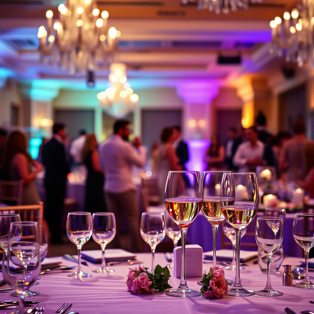 Imagem de uma recepção de casamento elegantemente decorada, com taças de vinho brilhando sobre as mesas, iluminação ambiente e convidados felizes em trajes formais. Fundo com foco suave, dança e celebração. As cores são quentes e festivas, enfatizando romance e alegria. Estilo: Fotografia de casamento sofisticada.