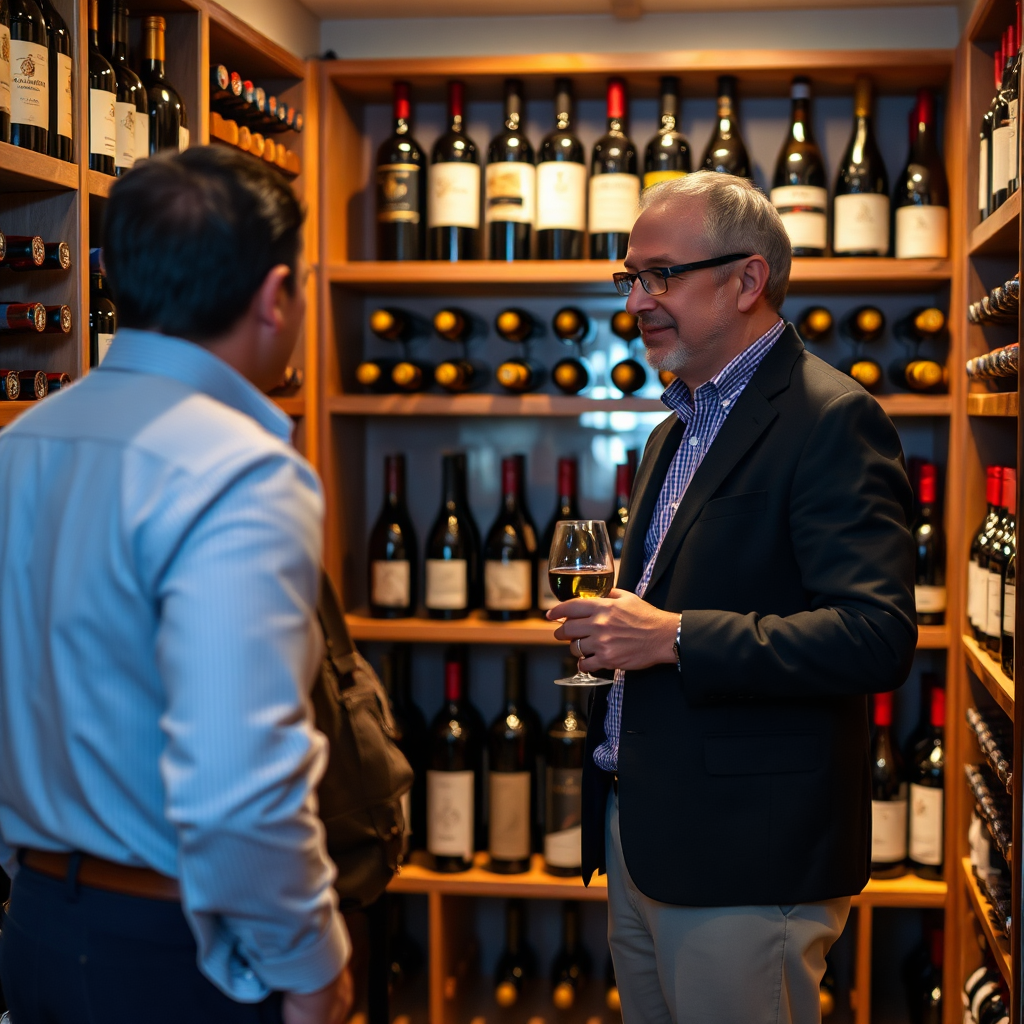 Imagem de um especialista em vinhos em uma adega particular, aconselhando um cliente sobre a seleção de vinhos. Prateleiras repletas de diversas garrafas de vinho ao fundo. A iluminação é aconchegante e focada. Estilo: Experiência de consultor de vinhos experiente e personalizado.