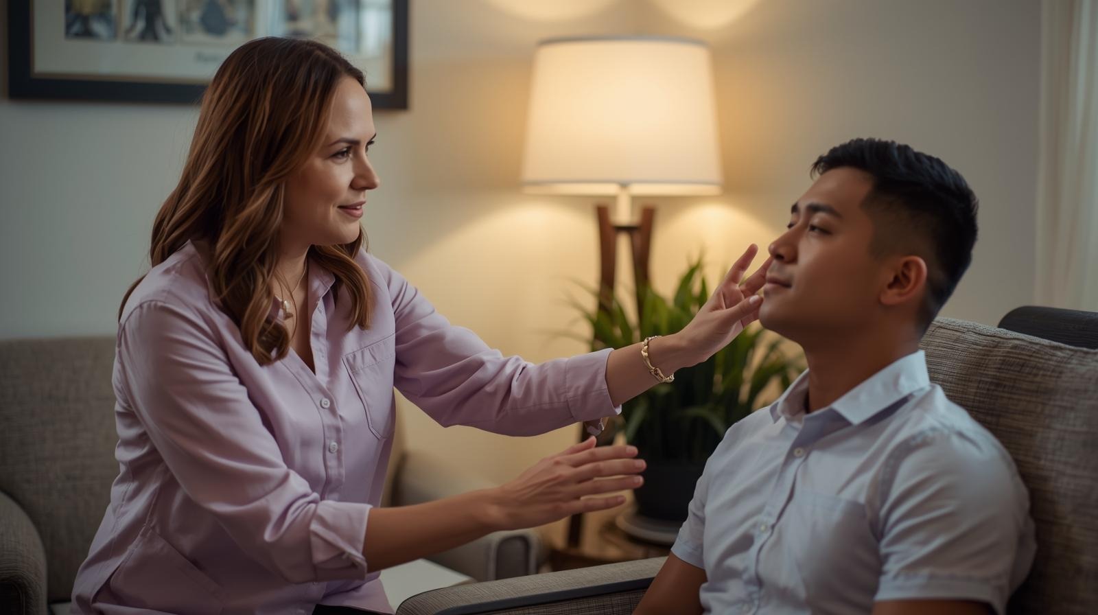 Een fotorealistische afbeelding van een serene meer bij zonsopgang, met zacht opstijgende mist. De kleuren moeten zacht en gedempt zijn en een gevoel van roest en vrede creëren. Een paar zwaan glijdt over het meer, wat gratie en sereniteit symboliseert. Het geheel moet een gevoel van innerlijke vrede en harmonie uitstralen.