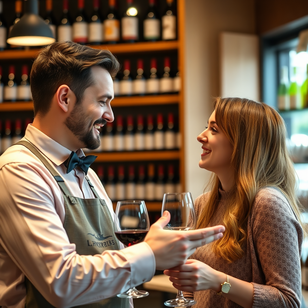 Mostre um sommelier simpático interagindo com um cliente em uma loja de vinhos. O foco está na conexão pessoal e no aconselhamento especializado oferecido. A iluminação é aconchegante e convidativa. Referências de estilo: imagens de atendimento ao cliente, retratos de lojas de varejo. Especificações técnicas: resolução 4K, foco em expressões e gestos.