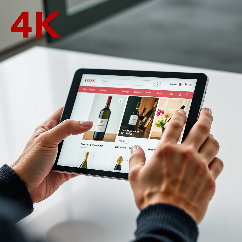 Mostre as mãos de uma pessoa selecionando uma garrafa de vinho de uma loja online em um tablet. Destaque a facilidade de navegação e o apelo visual dos produtos listados. O fundo deve ser limpo e moderno. Referências de estilo: publicidade de e-commerce, design de interface do usuário. Especificações técnicas: resolução 4K, ênfase na nitidez e nos detalhes da tela.