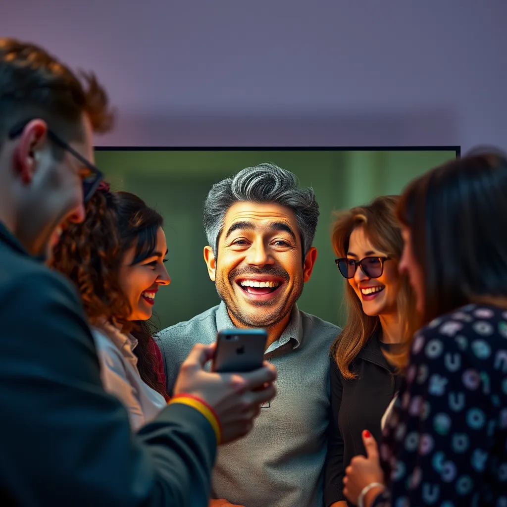 A group of people gathered around a smartphone, watching a talking photo with a humorous expression. The photo is projected onto a large screen, with the audio playing through a speaker. The people are laughing and enjoying the experience.