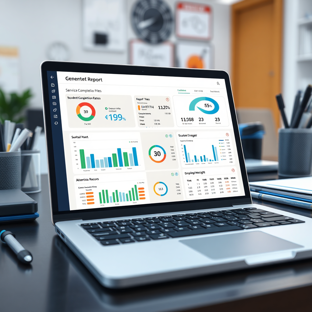 A hyperrealistic, 4K rendering of a detailed report is displayed on a laptop, generated through the Contractor Check Point app. The report includes charts and graphs showcasing service completion rates, student engagement metrics, and attendance records. The color palette is professional and corporate (blues, greens, and grays). The backdrop should be a modern office desk setup with various office supplies. Highlight the ease of access to insights and detailed performance metrics.