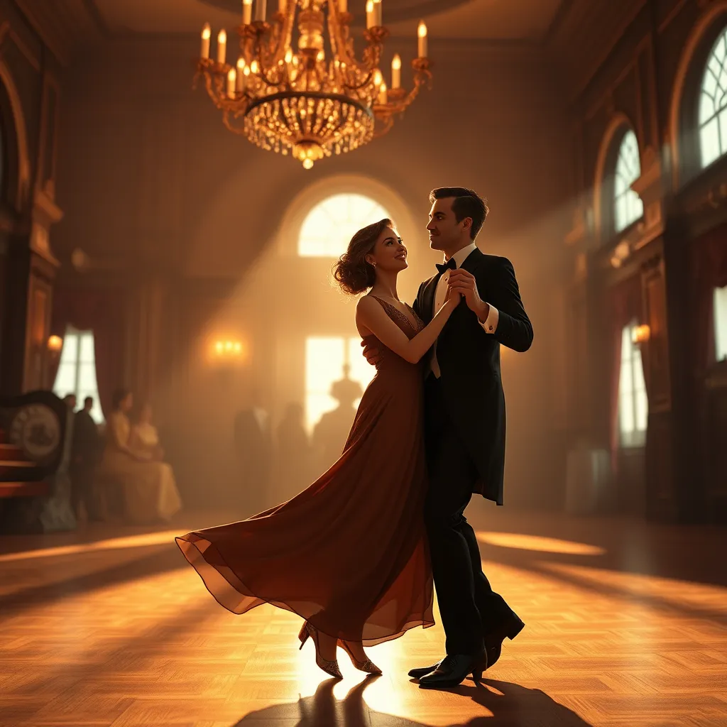 A hyperrealistic animation of a vintage photograph of a couple dancing in a ballroom, set in the 1920s. The image should be rendered in 8K resolution with a smooth, cinematic quality. The scene is bathed in warm, golden light from a chandelier, casting long shadows on the dance floor. The couple is dressed in elegant attire, with the man in a tuxedo and the woman in a flowing evening gown. Their faces are animated with subtle expressions, their eyes sparkling with joy as they move gracefully together. The music from the era plays softly in the background, creating a romantic and nostalgic atmosphere.