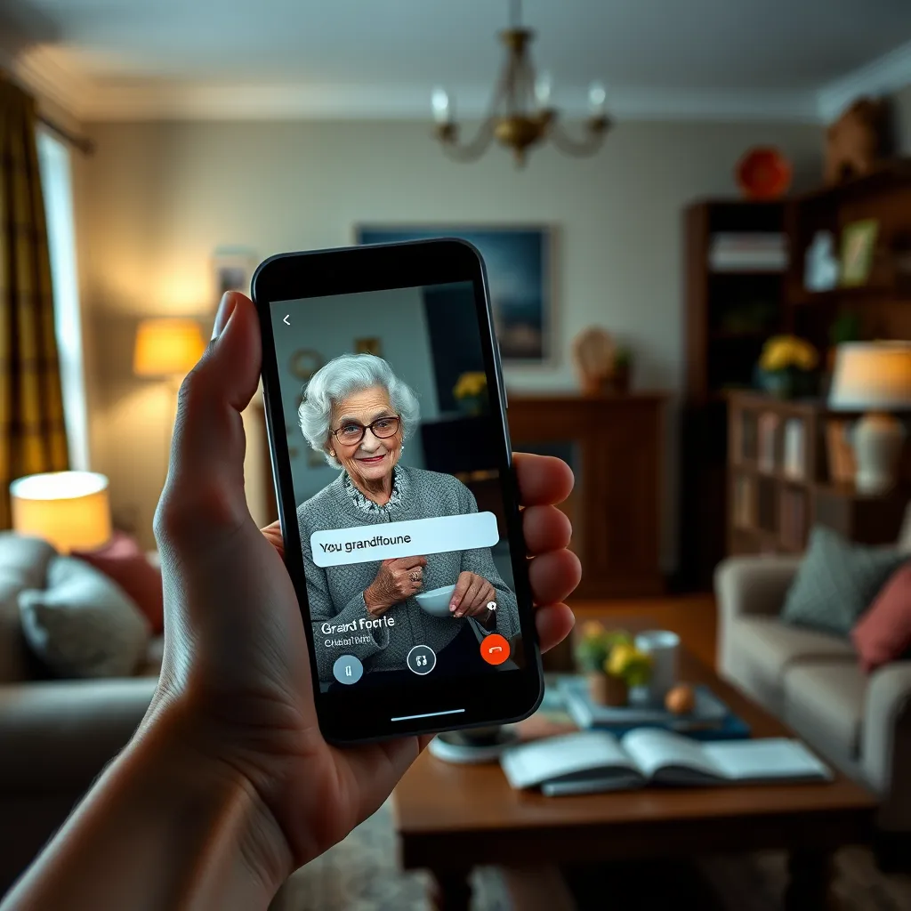 A person holding a smartphone with a user interface showing an image of their grandmother and an input field for writing text. The background is a cozy living room with furniture and decorations.