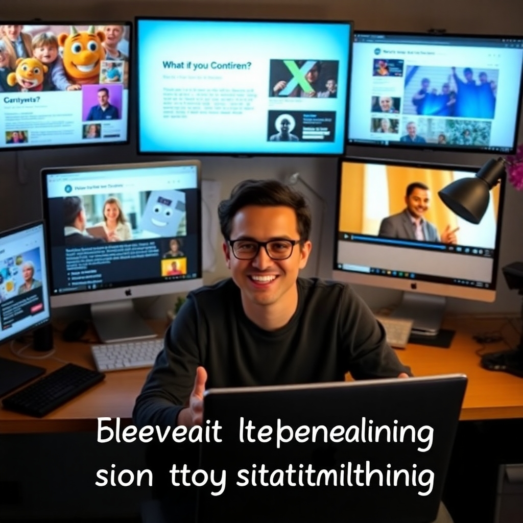 A person sitting at a desk, surrounded by screens displaying various forms of content: blog posts, videos, social media updates. The person is smiling and appears engaged in their work. The background features elements that represent creativity and storytelling.