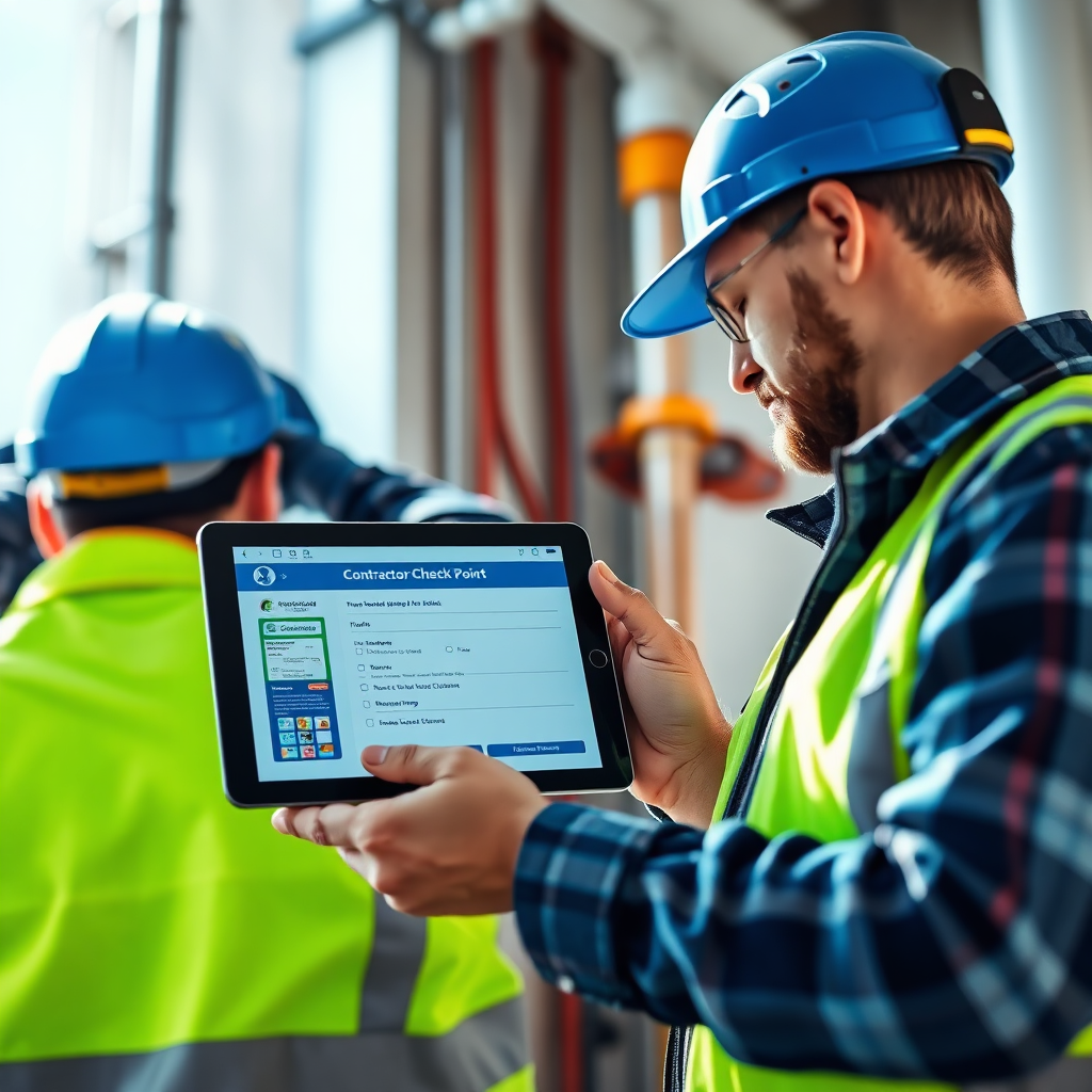 A photorealistic image depicting a contractor completing a specific task (e.g., installing a pipe, fixing a wire). A supervisor is using the Contractor Check Point app on a tablet to verify the work being done. The image should emphasize the importance of accountability and quality control. The lighting should be bright and clear, highlighting the details of the work being performed. The color palette should be professional and trustworthy, using blues and greens. The camera angle is a medium shot, focusing on the contractor and the supervisor. Texture details should be realistic, showing the materials and tools being used. The overall style should be modern and professional, similar to images found in quality assurance reports.