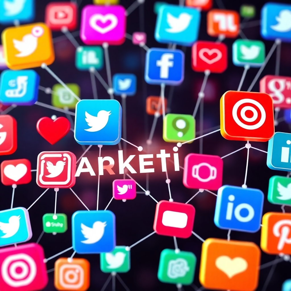 A photorealistic image of a network of interconnected social media icons, representing the power of social media marketing. The icons are arranged in a dynamic and engaging pattern, with lines of light connecting them to each other. The color palette is vibrant and diverse, reflecting the range of social media platforms. The lighting is bright and energetic, creating a sense of connection and engagement. Technical specs: High resolution with realistic lighting and textures.