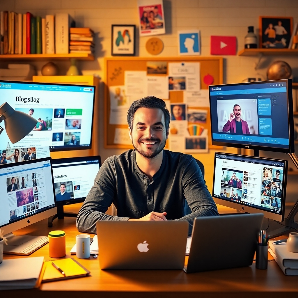 A photorealistic image of a person sitting at a desk, surrounded by screens displaying various forms of content: blog posts, videos, social media updates. The person is smiling and appears engaged in their work. The background features elements that represent creativity and storytelling, such as books, art supplies, and a mood board. The lighting is warm and inviting, creating a sense of inspiration and productivity. The color palette is vibrant and diverse, reflecting the range of content being created. Technical specs: High resolution with realistic lighting and textures.