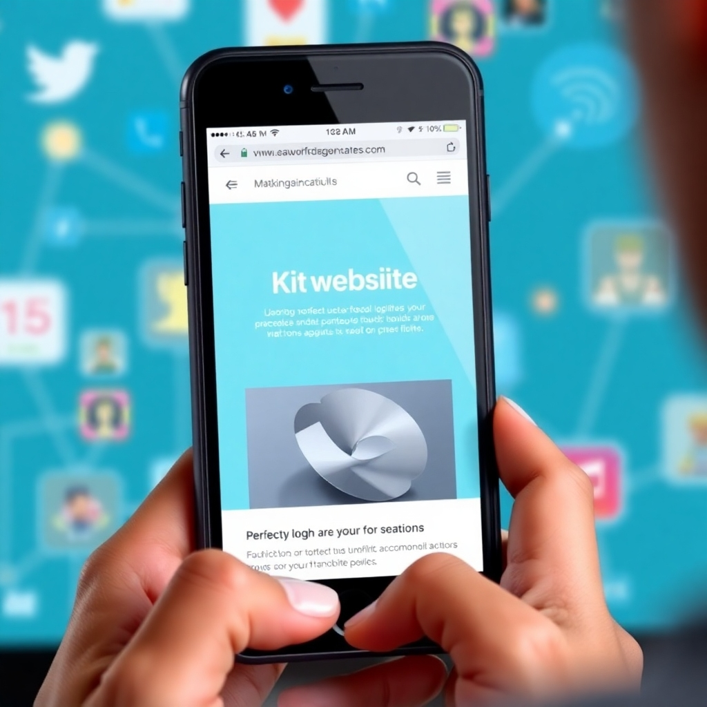 A photorealistic image of a person using a smartphone to browse a website, with the website perfectly optimized for mobile viewing. The background features elements that represent mobile technology, such as app icons and wireless networks. The color palette is bright and modern, reflecting the sleekness of mobile devices. The lighting is soft and focused on the smartphone screen. Technical specs: High resolution with realistic lighting and textures.