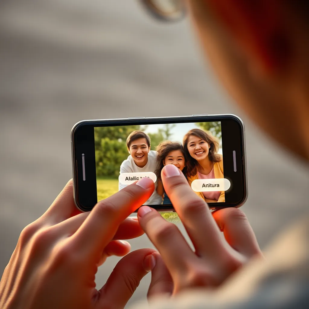 A photorealistic image of a person looking at a smartphone screen, with a photo displayed on the screen that has glowing interactive elements like animated text boxes and buttons appearing when the person touches the screen. The photo should be a vibrant outdoor scene with a joyful family in the background, suggesting a personal memory.