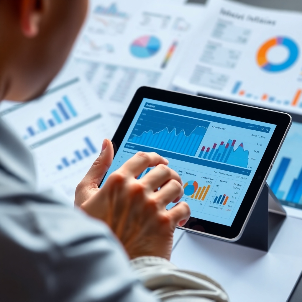 A photorealistic image of a person reviewing a detailed analytics report on a tablet, with charts and graphs displaying key performance indicators. The background features elements that represent data analysis and interpretation, such as spreadsheets and data visualization tools. The color palette is cool and professional, creating a sense of clarity and objectivity. The lighting is focused on the tablet screen, emphasizing the importance of data-driven decision-making. Technical specs: High resolution with realistic lighting and textures.