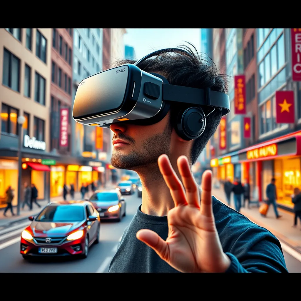 A photorealistic image of a person wearing VR headset, looking at a photo of a bustling city street. The street is animated, with cars driving by, people walking, and objects like storefronts and streetlights that respond when the person interacts with the virtual space using their hand gestures. The image should be vibrant and detailed, showcasing the immersive nature of the experience.