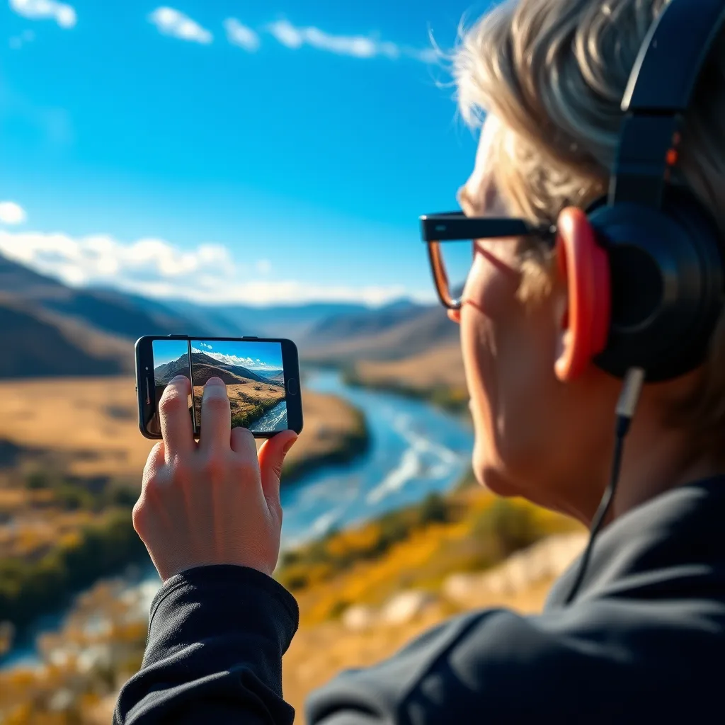 A photorealistic image of a visually impaired person interacting with a smartphone screen, where a photo of a beautiful landscape is displayed. The person is wearing headphones, and an audio description of the image is being played. The image should be a serene nature scene with a bright blue sky, rolling hills, and a flowing river, conveying a sense of tranquility and accessibility.