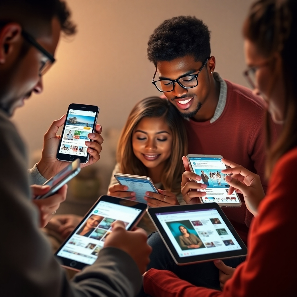 A photorealistic image showing a diverse group of people interacting with various digital devices (smartphones, tablets, laptops). Each device displays content tailored to the individual user, showcasing personalized ads, social media posts, and website recommendations. The lighting is soft and inviting, creating a sense of connection and engagement. The color palette is warm and inviting, emphasizing the human element of digital marketing. The camera angle is a medium shot focusing on the expressions of the users as they interact with the content. Technical specs: High resolution with realistic skin tones and detailed textures.