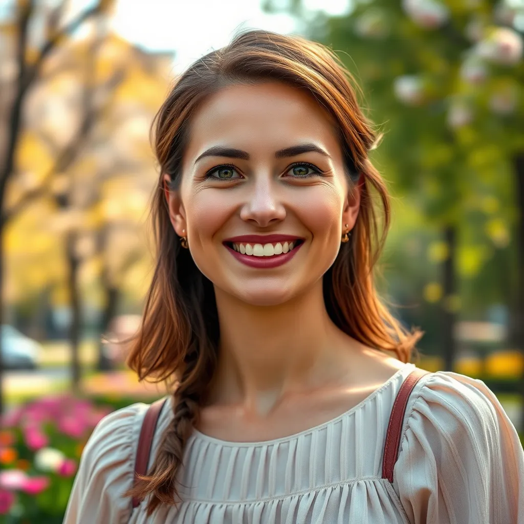 A photorealistic portrait of a smiling woman in her 30s, rendered in 8K resolution, with warm, natural lighting that highlights her features. She's wearing a casual dress and looking directly at the viewer. Behind her is a blurred background of a vibrant city park, with flowers and trees in bloom. The image should have a whimsical and joyful feel, reminiscent of the style of  Norman Rockwell. The woman's lips are slightly parted, as if she is about to speak, with a subtle glow emanating from her mouth, hinting at her ability to talk. The overall mood is friendly and inviting, conveying a sense of wonder and possibility.