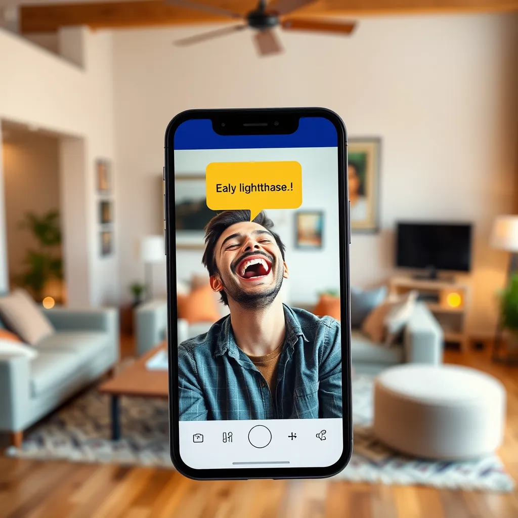 A smartphone displaying a photo of a person laughing, with a colorful speech bubble above their head containing a playful and light-hearted voice message. The background is a vibrant and modern living room, filled with comfortable furniture and warm lighting.