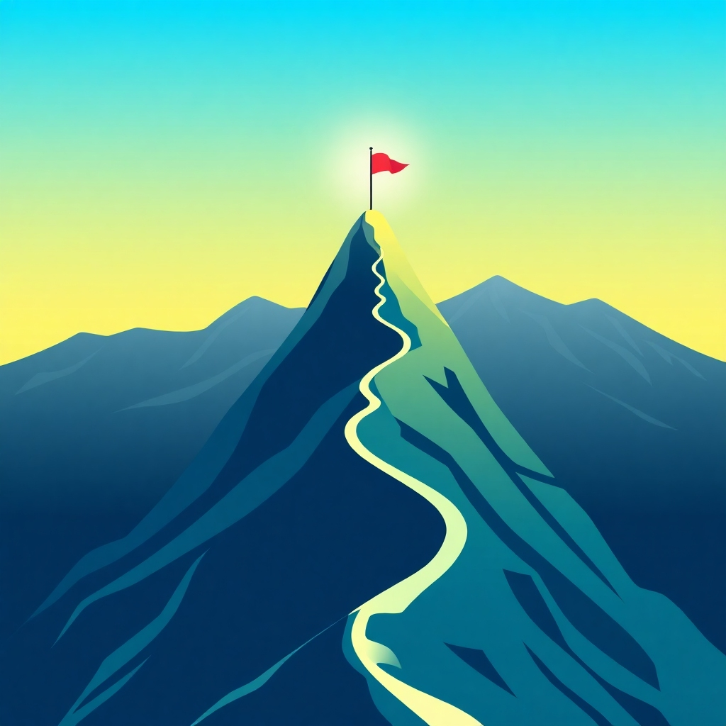 A stylized image depicting a mountain peak with a flag planted at the top, symbolizing reaching the top of search engine rankings. A winding path leads up the mountain, representing the steps involved in SEO optimization. The sky is clear and bright, signifying success and visibility. The color palette uses a gradient from deep blues and greens at the base of the mountain to bright whites and yellows at the peak. Technical specs: High resolution with a sense of depth and scale.