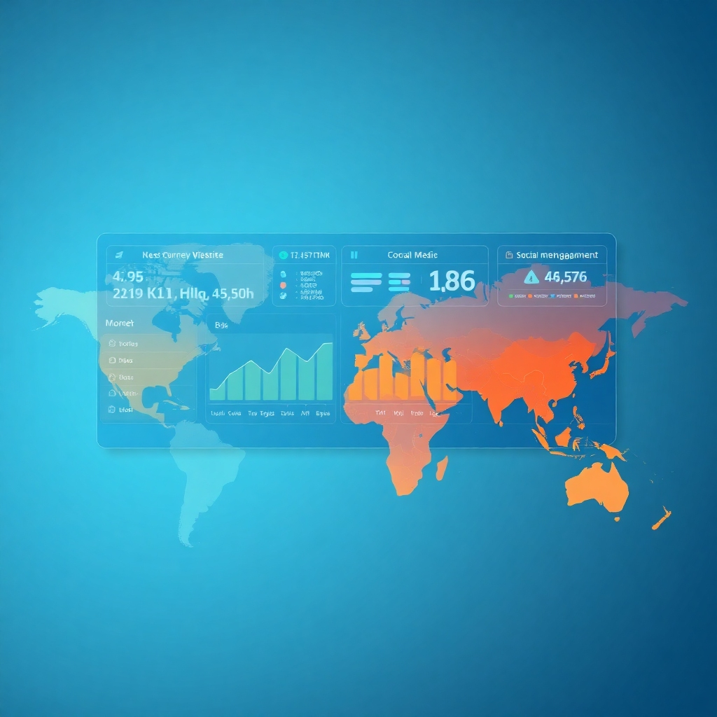 A stylized image of a digital dashboard displaying key performance indicators (KPIs) such as website traffic, conversion rates, and social media engagement. The dashboard is overlaid on a world map, highlighting areas of high engagement. The color palette uses a gradient from cool blues and greens for data visualization to warm oranges and reds for areas of growth and opportunity. The lighting is focused on the dashboard, creating a sense of clarity and insight. The style references include elements of data visualization and business intelligence dashboards. Technical specs: 4K resolution with sharp details and clear typography.