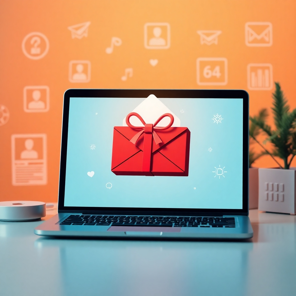 A stylized image of an email being sent from a laptop, with the email transforming into a gift box as it reaches the recipient. The background features elements that represent personalization and targeting, such as customer profiles and segmentation data. The color palette is warm and inviting, creating a sense of connection and value. The lighting is soft and focused on the email and gift box. Technical specs: High resolution with a sense of depth and movement.