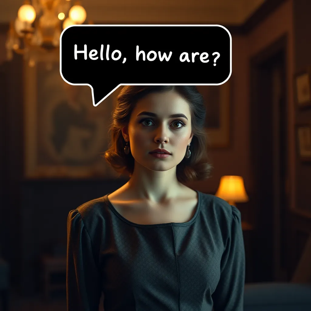 A vintage photograph of a woman in a dress, with a speech bubble above her head containing a text bubble that reads 'Hello, how are you?'. The background is a dimly lit room with warm lighting.