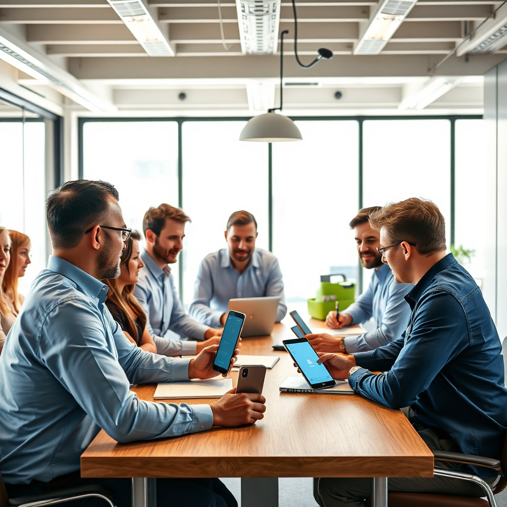 Create a photorealistic image of a team meeting between contractors and project managers. Everyone is engaged in a productive discussion, and the Contractor Check Point app is being used to share information and track progress. The image should emphasize the importance of open communication and collaboration. The lighting should be bright and inviting. The color palette should be warm and welcoming, using earth tones and pops of blue and green. The camera angle is a wide shot, capturing the entire team. Texture details should be realistic, showing the office environment and the people involved. The overall style should be modern and professional, similar to images found in corporate communication materials.