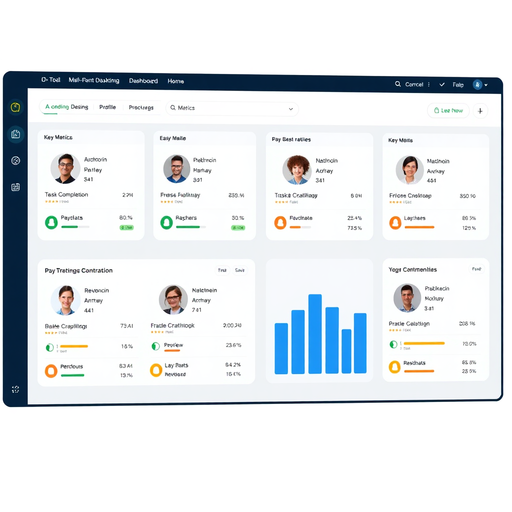 Create a photorealistic image of a dashboard interface displaying multiple contractor profiles. Each profile should show key metrics like task completion, check-in/check-out times, and performance ratings. The dashboard should be clean, intuitive, and easy to navigate. Use a color palette of blues, greens, and grays to convey professionalism and trust. The lighting should be bright and even. The style should be modern and minimalist, similar to popular project management software interfaces. The image resolution should be high, allowing for clear visibility of all dashboard elements.