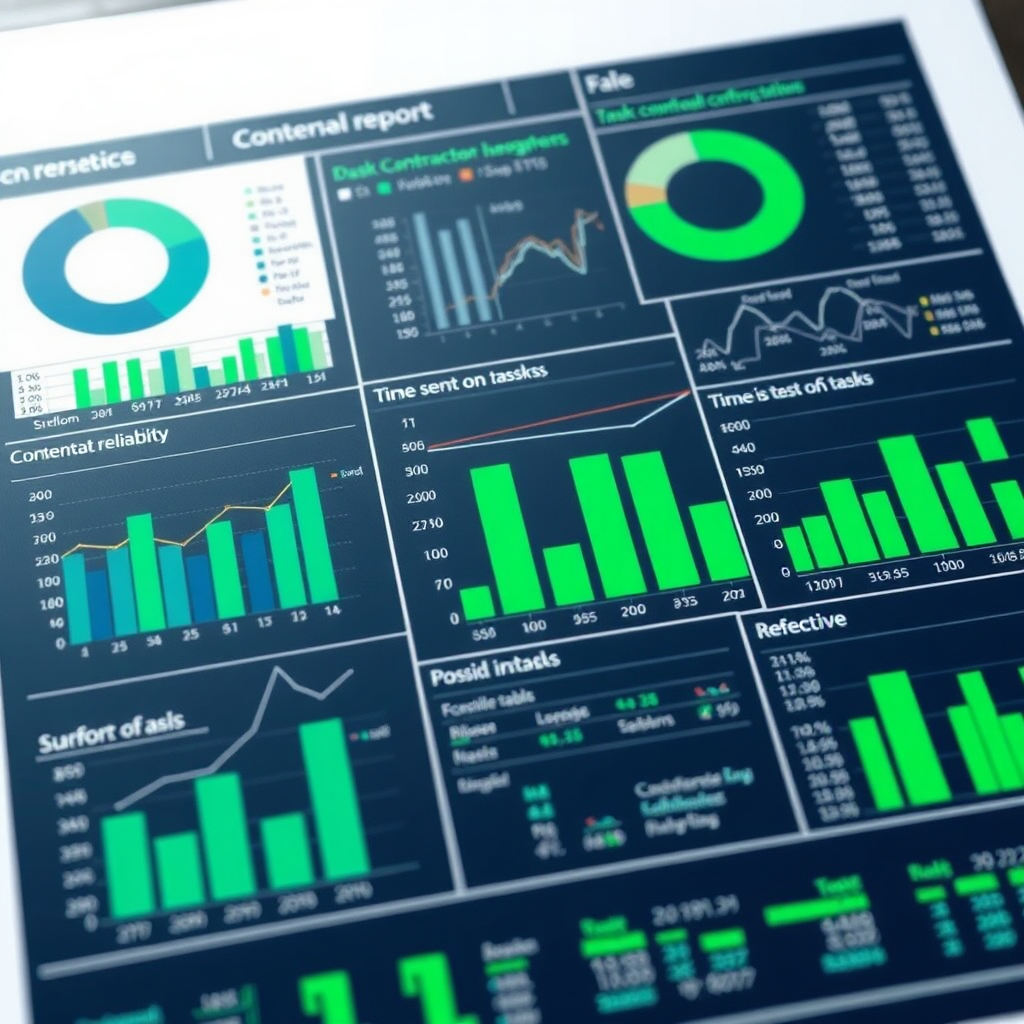 Create a photorealistic image of a detailed report showcasing various contractor performance metrics. The report should include charts, graphs, and tables that provide insights into key areas like task completion rate, time spent on tasks, and overall productivity. Use a color palette of greens and blues to convey accuracy and reliability. The lighting should be bright and even. The style should be professional and data-driven, similar to reports found in business intelligence software. The image resolution should be high, allowing for clear visibility of all report elements.