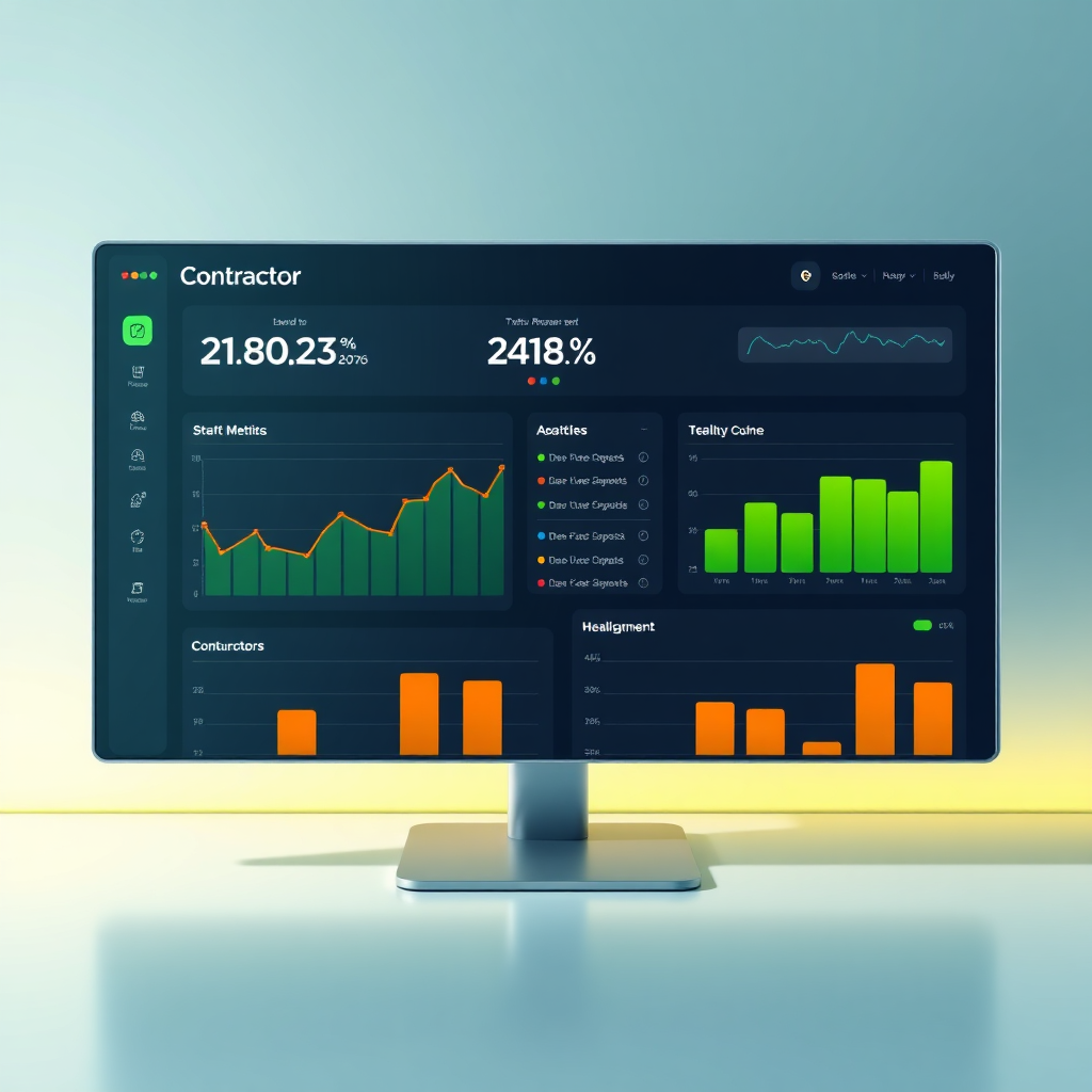 Create a stylized image of a performance dashboard displaying key metrics for a contractor. The dashboard should include charts and graphs that visualize the contractor's performance over time. Use a color palette of greens, yellows, and reds to indicate performance levels. The lighting should be soft and inviting. The style should be modern and minimalist, similar to performance management software interfaces. The image resolution should be high, allowing for clear visibility of all dashboard elements.