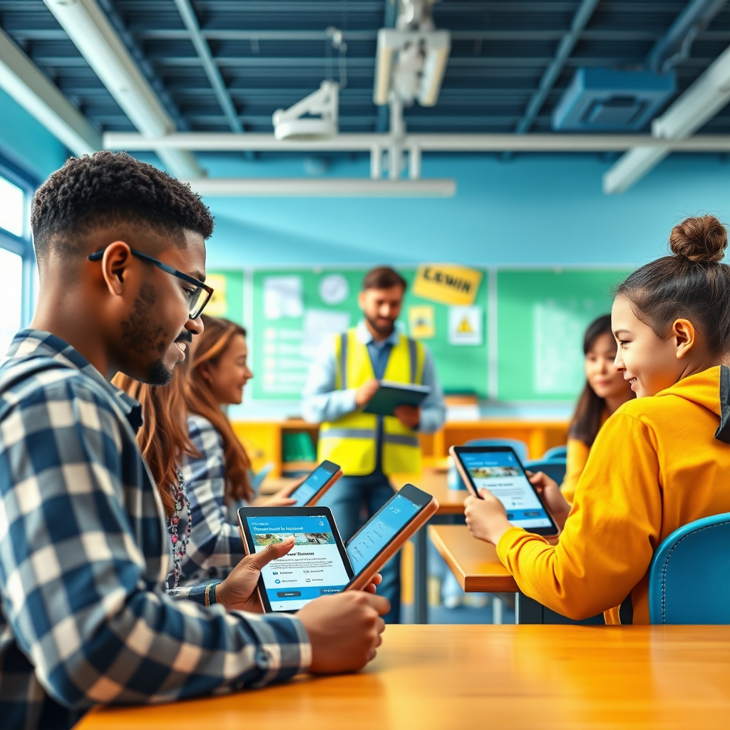 The prompt should depict students checking in to a classroom-like setting using the Contractor Check Point app on tablets. The environment should be brightly lit, modern, and encouraging. The color palette consists of vibrant blues, greens, and yellows to symbolize education. Students should be diverse and represent different ages. In the background, a contractor is providing instructions to a student. Ensure it's hyperrealistic, 4K resolution, with attention to detail in facial expressions and environment textures.