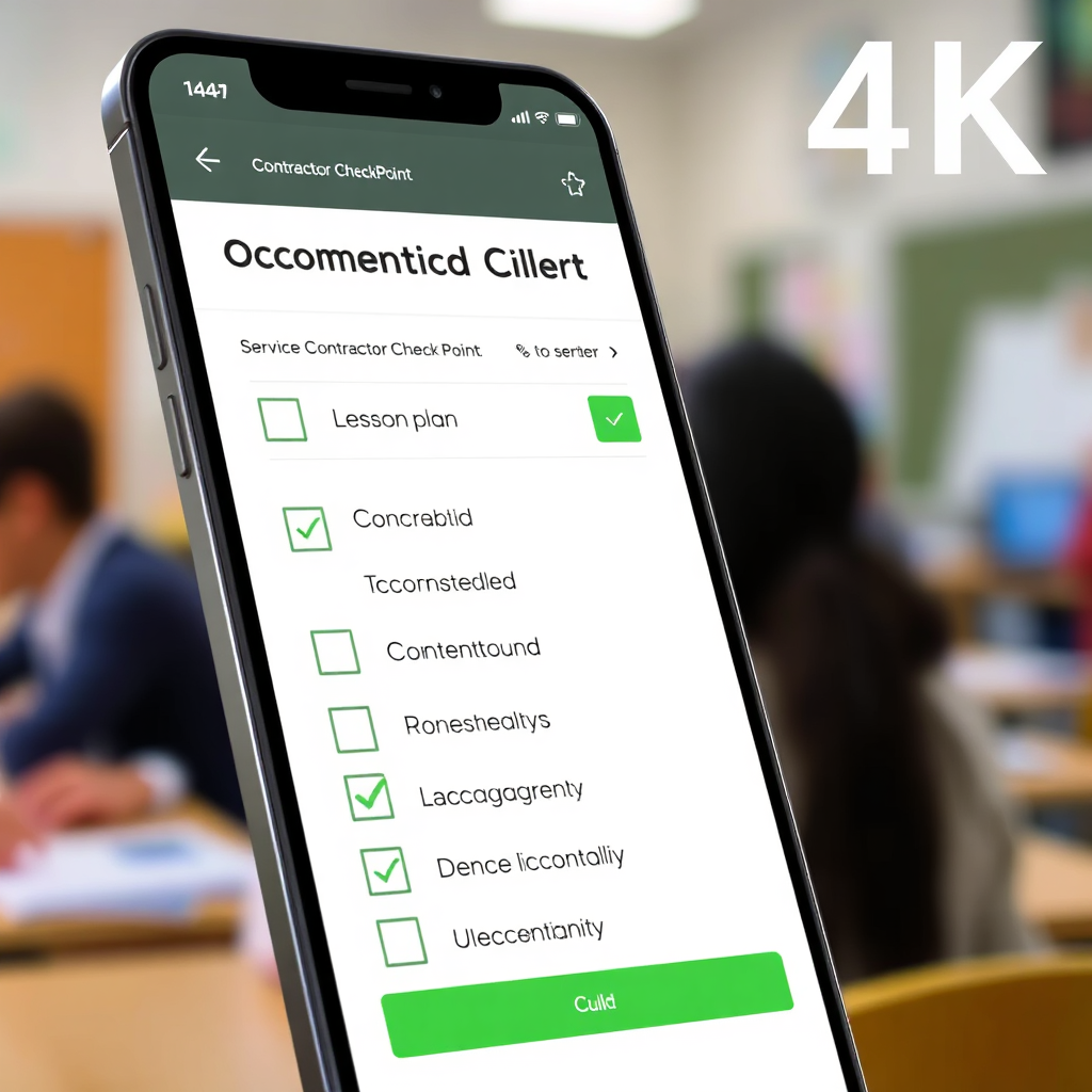 This 4K resolution image shows a graphical representation of a service checklist being marked as completed within the Contractor Check Point app. The backdrop is a blurred image of a learning environment. The checklist includes items such as lesson plan completion, material provision, and student engagement. The image emphasizes efficiency and accountability. Use a clean, modern design with a color scheme of greens and grays to indicate completion and process. Hyperrealistic rendering of UI elements.