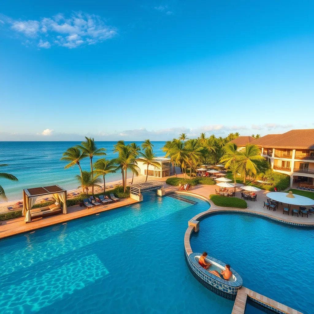 A breathtaking view of a tropical all inclusive resort, featuring luxurious cabanas by the pool, a vibrant beach nearby, and various dining options, with guests enjoying cocktails and lounging; clear blue skies and palm trees swaying in the gentle breeze.