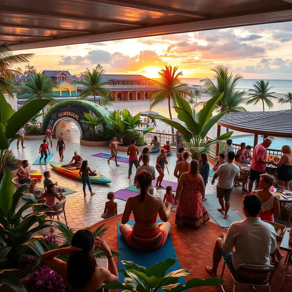 A busy scene at an all inclusive resort showcasing diverse activities like kayaking, yoga classes on the beach, a dance performance at sunset, and families enjoying time together in a colorful, lively atmosphere with tropical plants and vibrant decor.