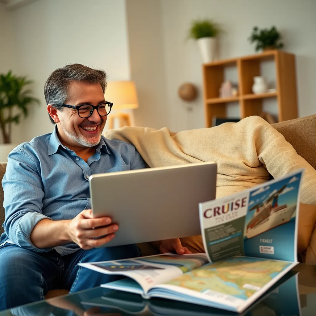 A cheerful couple reviewing a laptop on a cozy living room couch, with a visible screen displaying cruise deals and discounts. Surround them with travel brochures and a map, indicating excitement and planning.