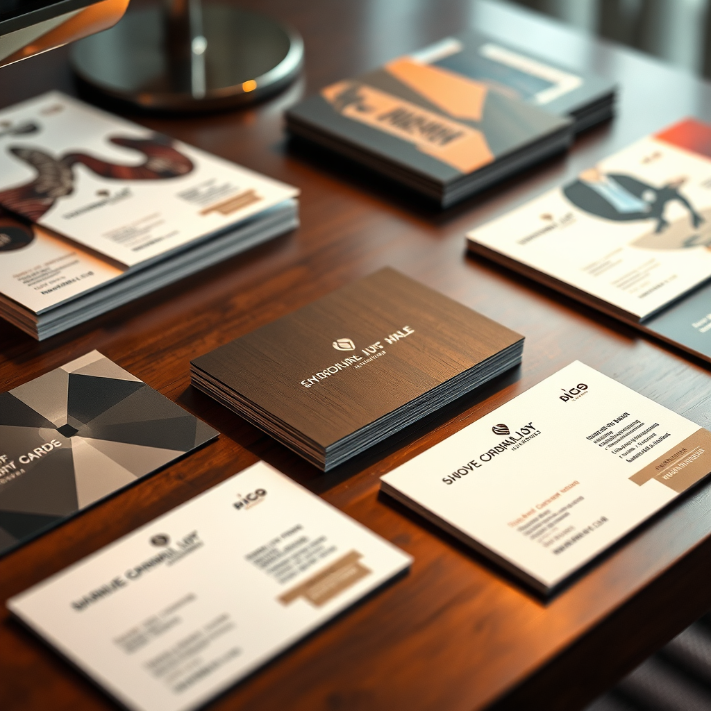 A detailed image presenting an array of professionally designed business cards and flyers laid out on a stylish desk. The cards are rich in detail, showcasing various finishing options such as glossy and matte textures. Soft, warm lighting illuminates the scene, drawing attention to the quality craftsmanship and design elements, creating a sophisticated and inviting atmosphere.