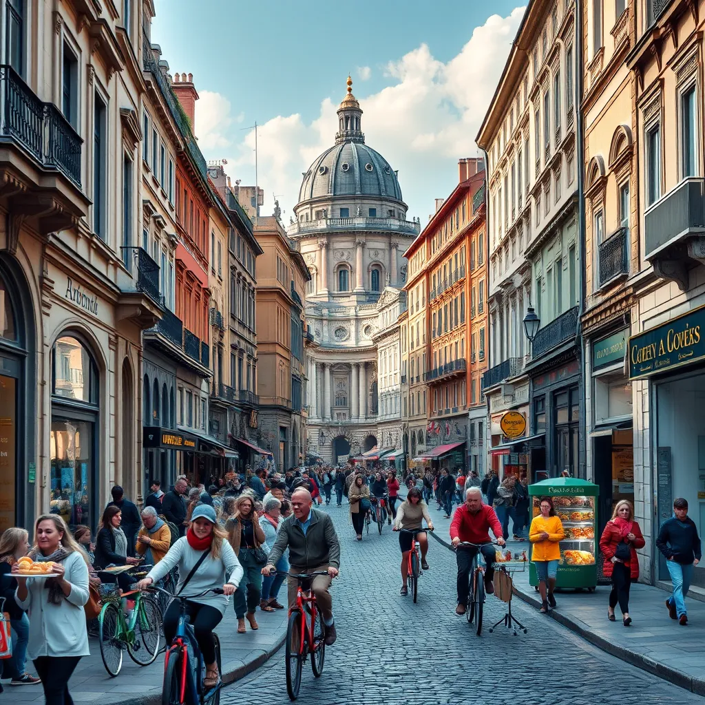 A detailed photorealistic image of the historic streets of a European city, such as Rome or Paris, featuring famous landmarks, cobblestone streets filled with tourists enjoying local pastries, with cyclists and street artists creating a lively atmosphere.