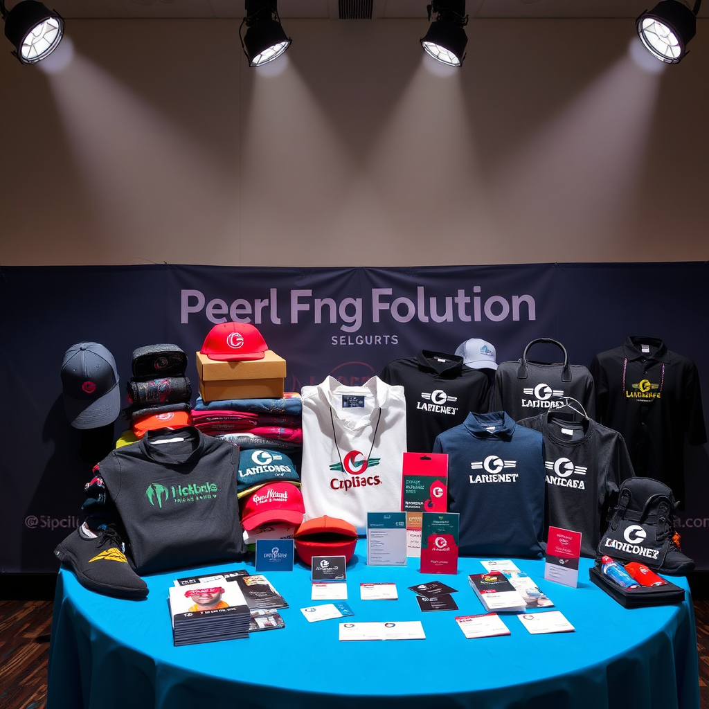 A dynamic visual representing versatility in printing solutions, featuring various printed items such as caps, bags, and promotional materials displayed creatively. The setup includes a banquet style table adorned with a selection of apparel and business cards, all elegantly branded. Spotlights highlight the textures and colors of the items, projecting a fun yet professional atmosphere that conveys reliability and innovation in printing services.
